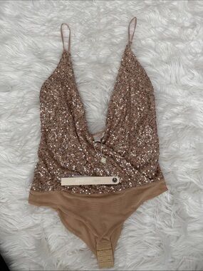 Jonathan Simkhai Rose Gold Sequin Plunge Bodysuit